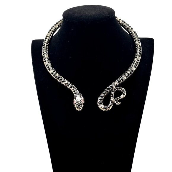 Egyptian Revial Black Pink Rhinestone Gold Snake Collar Statement Necklace - Picture 3 of 5